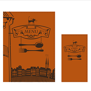 Папка-меню на винтах с тиснением «Город»; кожезаменитель; длина=32, ширина=24.5 см.; светло-коричневая