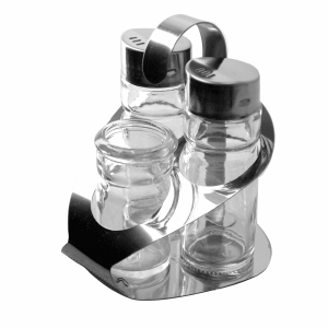 Набор для специй соль, перец, стаканчик для зубочисток; сталь нержавеющая, стекло; высота=110, длина=85, ширина=90 мм; серебряные
