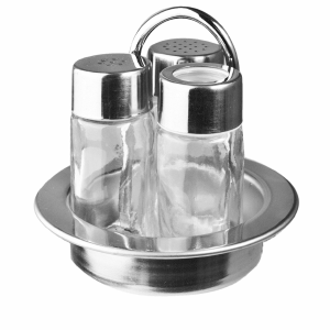 Набор соль/перец и стаканчик для зубочисток на подставке; сталь нержавеющая, стекло; 50 мл; диаметр=11, высота=10, длина=10.5, ширина=10.5 см.; серебря