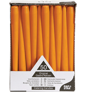 Свечи (50 штук); парафиновые со стеарином; диаметр=2.2, высота=25 см.; оранжевый цвет