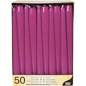 Свечи (50 штук); парафиновые со стеарином; диаметр=2.2, высота=25 см.; фиолетовый
