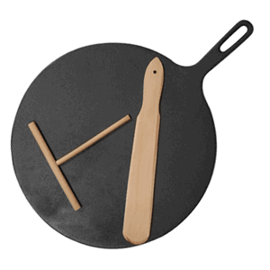 Сковорода для блинов с лопаткой; чугун, дерево; диаметр=32, высота=3, длина=43.5/12 см.; цвет: черный