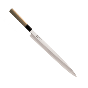 Нож янагиба для суши, сашими; сталь, дерево; длина=49/32, ширина=3.5 см.; металлический,св. дерево