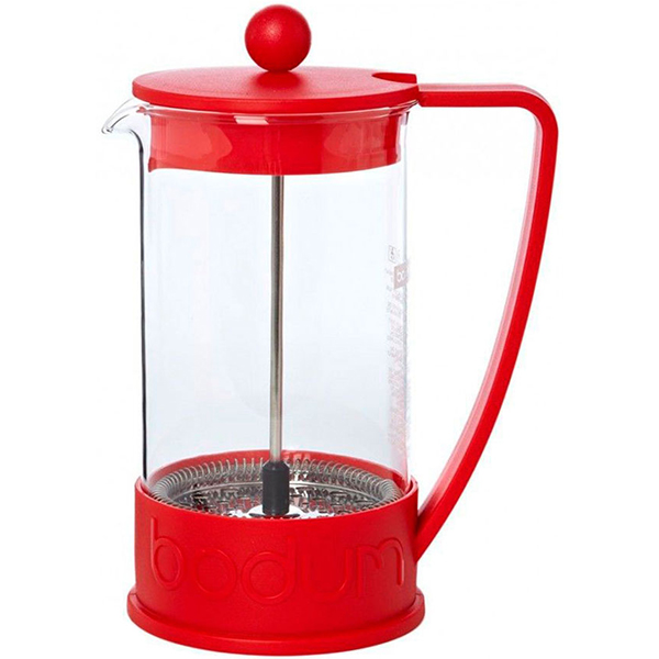 Кофейник с прессом «Бразилия»; стекло, пластик; 350 мл; диаметр=7, высота=16, длина=11.5 см.; красный
