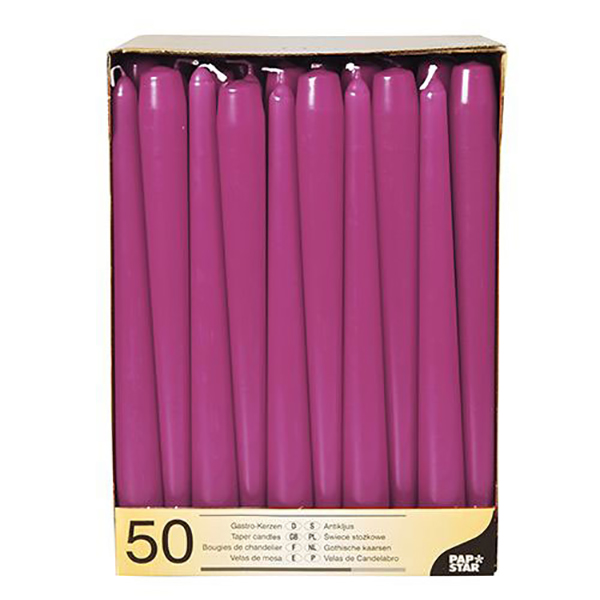 Свечи (50 штук); парафиновые со стеарином; диаметр=2.2, высота=25 см.; фиолетовый