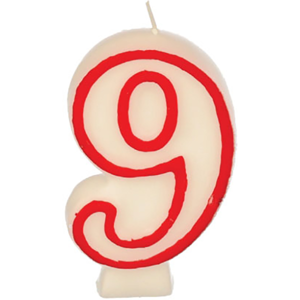 Свеча-цифра ко дню рождения «9»; воск; высота=16, длина=144/74, ширина=84 мм; белый,красный
