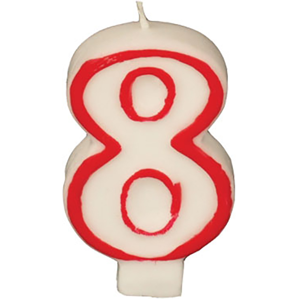 Свеча-цифра ко дню рождения «8»; воск; высота=16, длина=144/74, ширина=84 мм; белый,красный