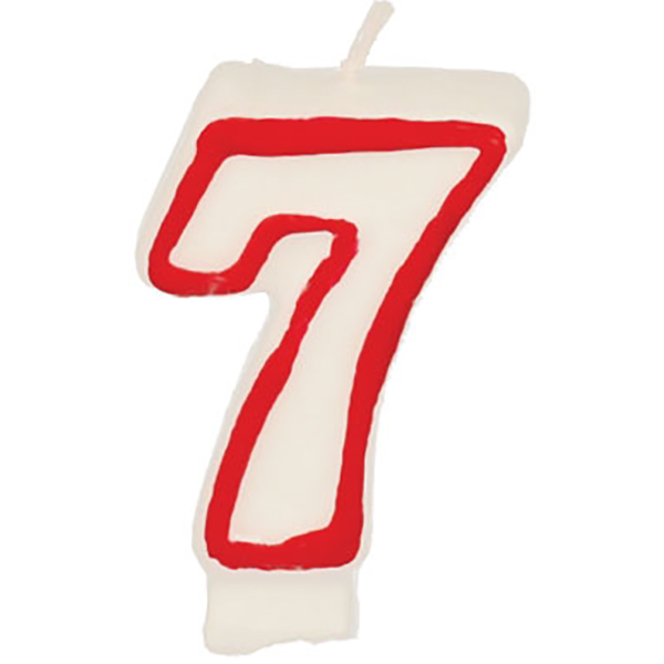 Свеча-цифра ко дню рождения «7»; воск; высота=16, длина=141/74, ширина=80 мм; белый,красный