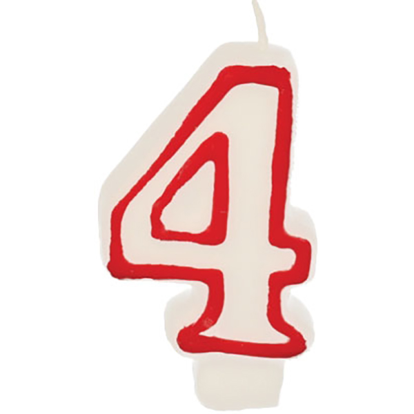 Свеча-цифра ко дню рождения «4»; воск; высота=16, длина=141/74, ширина=80 мм; белый,красный
