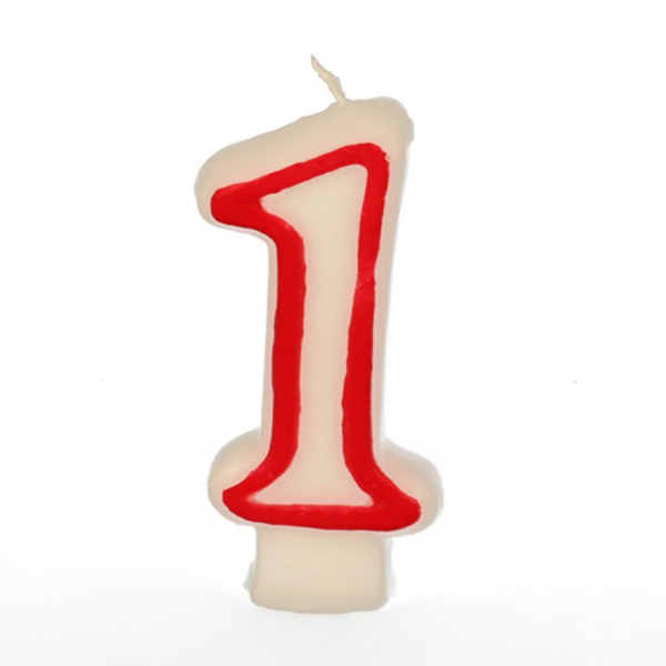Свеча-цифра ”1” ко дню рождения; воск; высота=16, длина=144/74, ширина=84 мм; белый, красный