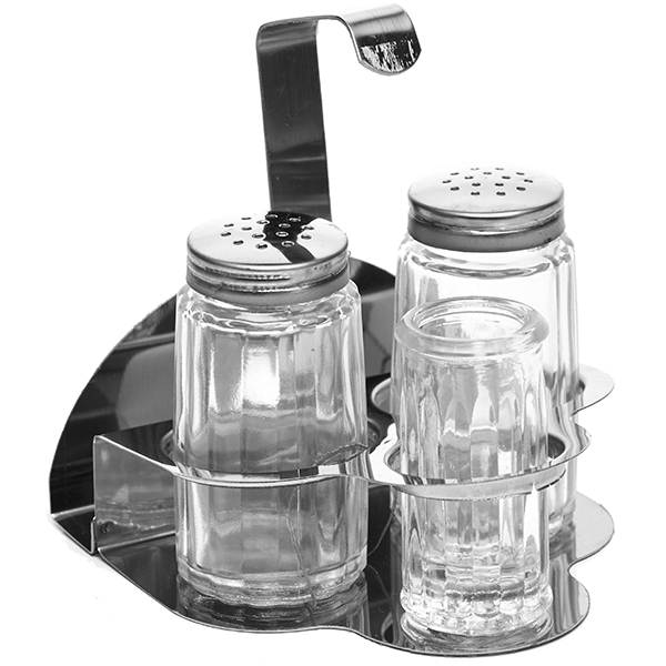 Набор соль/перец и стаканчик для зубочисток и салфетница; сталь нержавеющая, стекло; 50 мл; высота=10.5, длина=10, ширина=10.7 см.; серебряные,проз