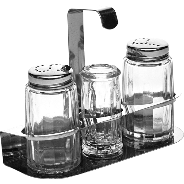 Набор соль/перец и стаканчик для зубочисток на подставке; сталь нержавеющая, стекло; 50 мл; высота=100, длина=140, ширина=51 мм; серебристые, прозрачные