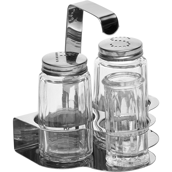 Набор для специй соль, перец, стаканчик для зубочисток; сталь нержавеющая, стекло; высота=100, длина=85, ширина=100 мм; серебряные