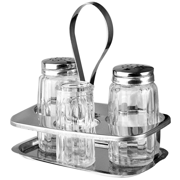 Набор для специй соль, перец, стаканчик для зубочисток; сталь нержавеющая, стекло; 50 мл; высота=115, длина=120, ширина=75 мм; серебряные